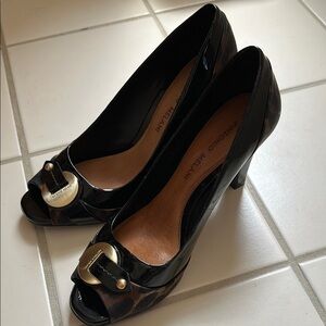 Salvatore Ferragamo Black Leather Heels with Gold Buckle and Cheetah Print